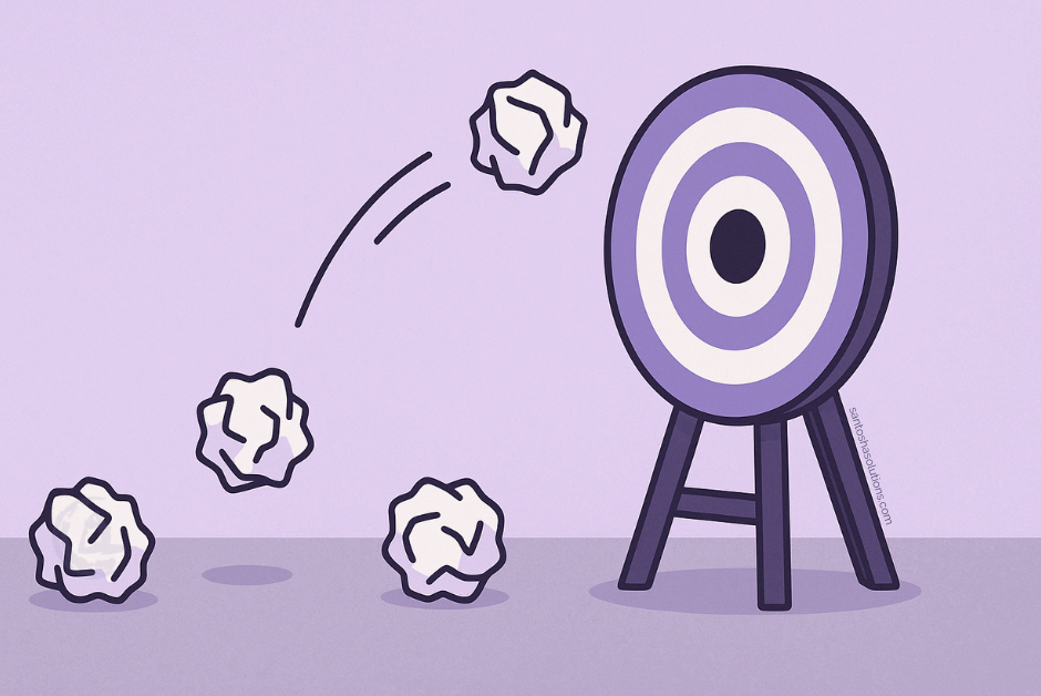 Crumpled paper balls missing a target bullseye, symbolizing marketing messages that don’t land — blog cover by Santosha Solutions on aligning small business messaging with the right audience.